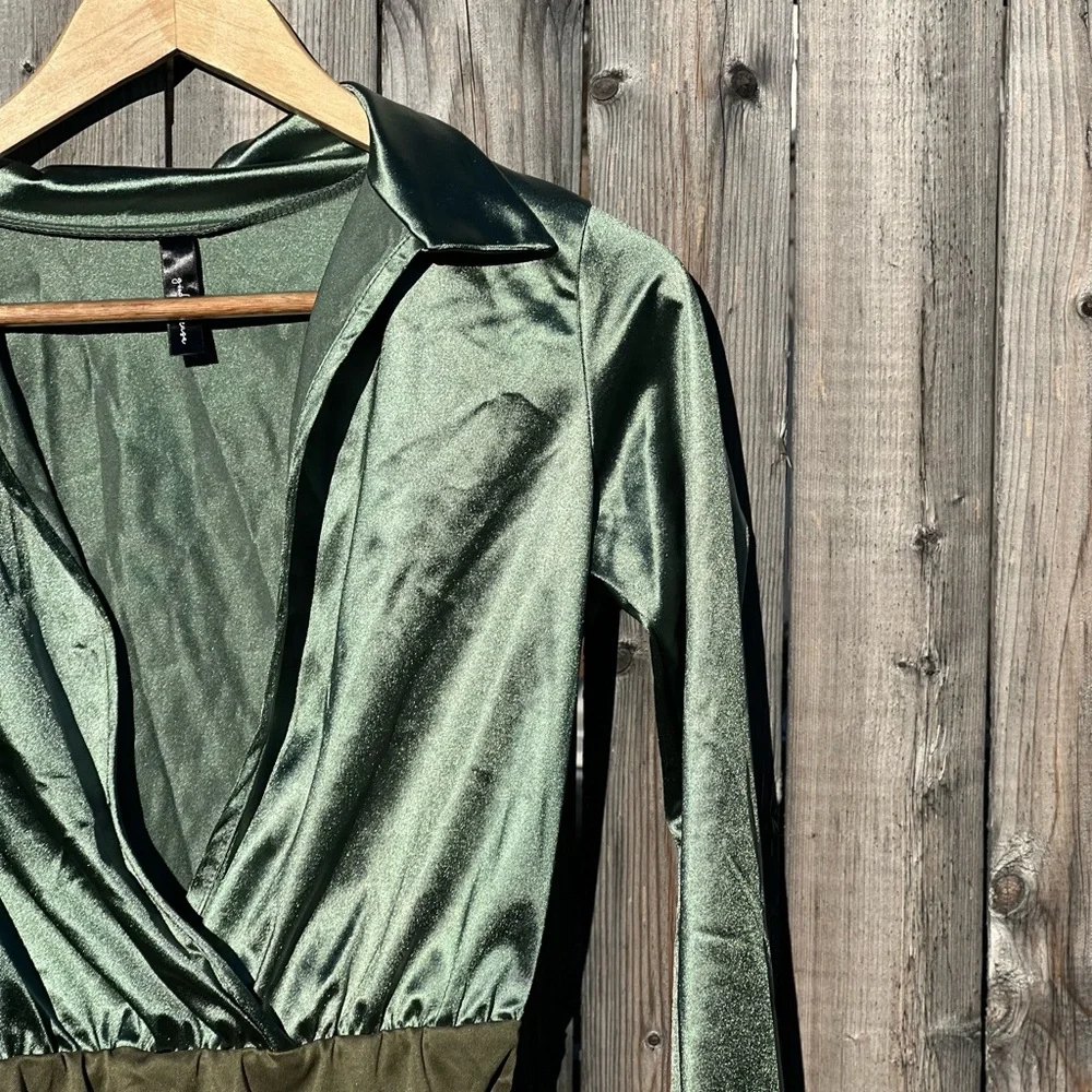 Good times USA Appeal Satin Wrap Bodysuit in Olive Green - Picture 4 of 11